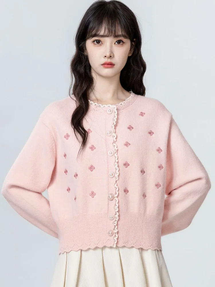 Cardigan rose en dentelle douce pour femmes, Slim, broderie, col rond, pull tricoté, mode coréenne, Style Preppy, hauts à manches longues, nouveau