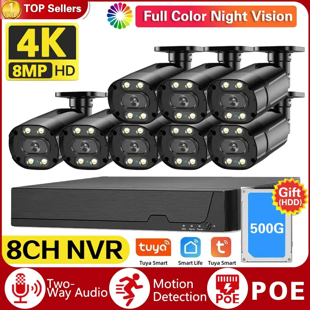 

Tuya 8CH 4K NVR 8MP 5MP POE Camera Security System Outdoor Audio Human Detect IP Camera CCTV Video Record Surveillance Kit H.265