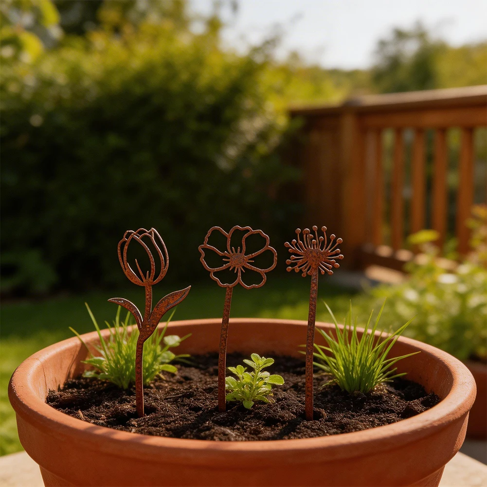 Garden Flower Stakes 6 pcs - 25.4cm Iron Metal Floral Decor for Yard Patio Walkway and Outdoor Space Decoration