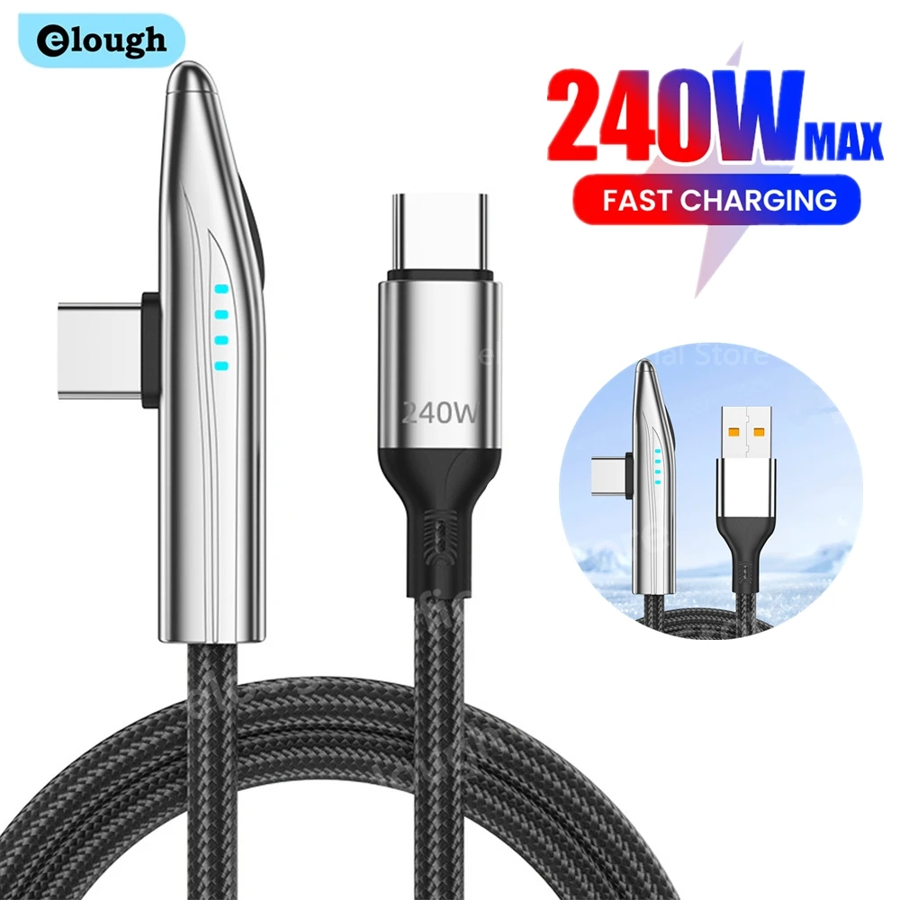 Elough 90 grados PD 240W USB C a USB C Cable para iPhone 16 Samsung Laptop MacBook 100W carga rápida USB a tipo C Cable de juego