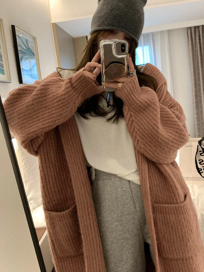 レディース肥厚ロングオープンカーディガンセーターフード付きニットアウター秋冬暖かい V ネックカジュアルスタイルピュアカラー