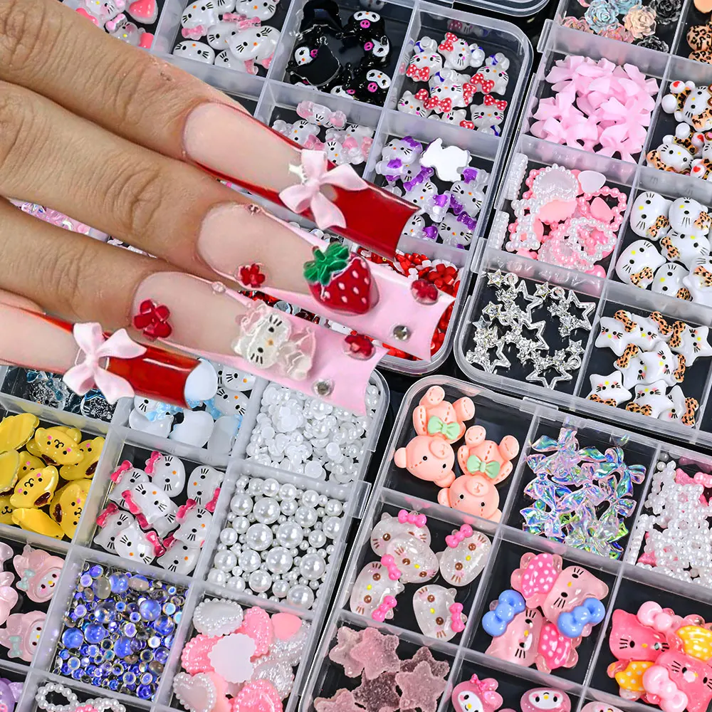 12 Girds/กล่อง Sanrioed Hello Kitty เล็บ Art Rhinestone Kawaii Kuromi เล็บ Charms ชุด DIY เครื่องประดับตกแต่งเล็บ DIY เล็บ Part