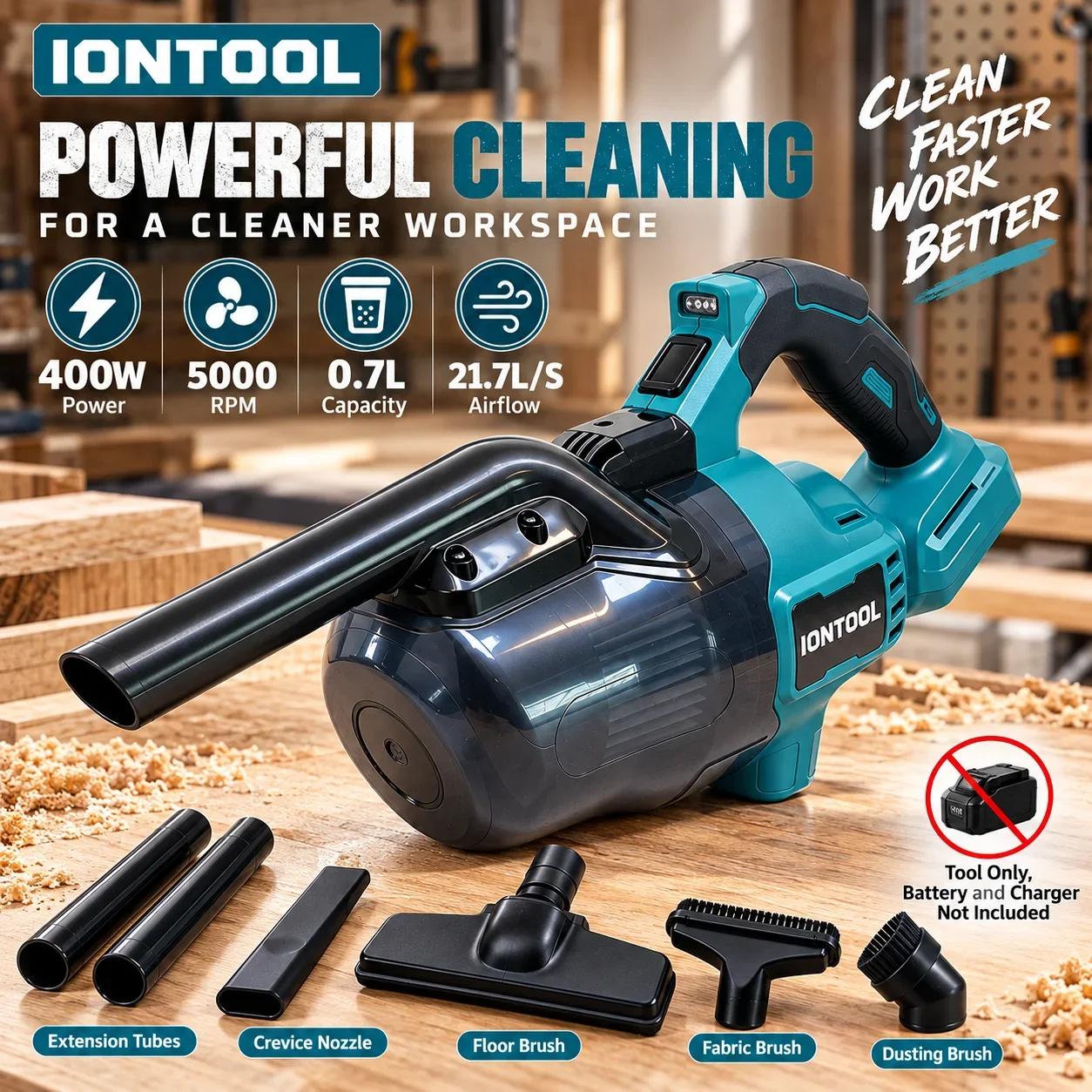 IONTOOL Brushless Cordless Vacuum 0.7L For Pet Bed Cleaning and Couch Upholstery Dusting and Underbed Debris Extraction