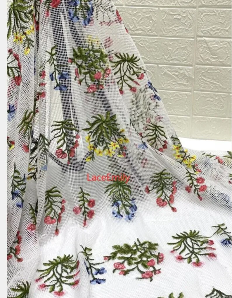 Green plant flower embroidery lace fabric white black mesh tulle lace for wedding dress bridal dress Girl dress 1 yards