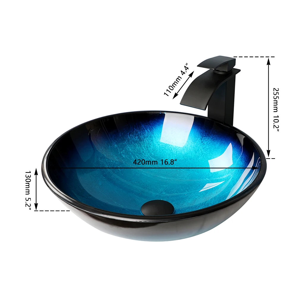 Torayvino Bathroom blue Tempered Glass Sink Oval Washbasin Faucets Combo Toilet Basin vessel Sink Set Washhand stand outdoor tap