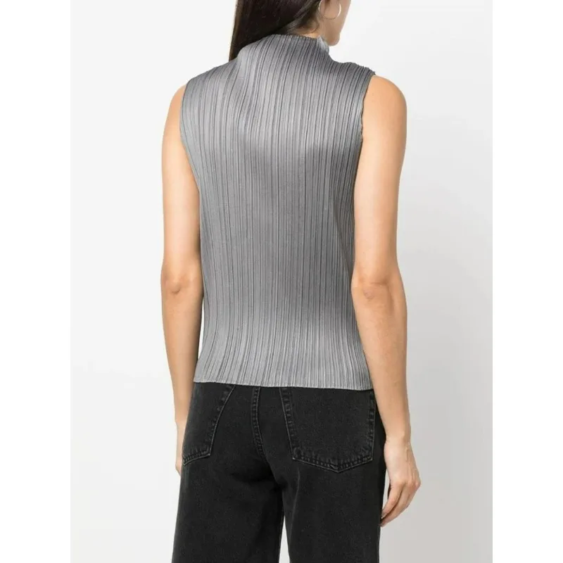 Miyake Pleated Classic Solid Sleeveless High Neck Tank Top