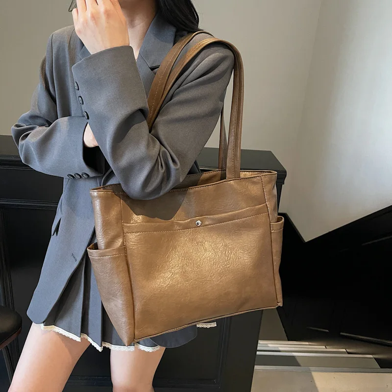 

Korean Women's Pu Leather Shoulder Underarm Bag 2025 Designer Solid Color Vintage Female Tote Bag Large Capacity Lady Handbag