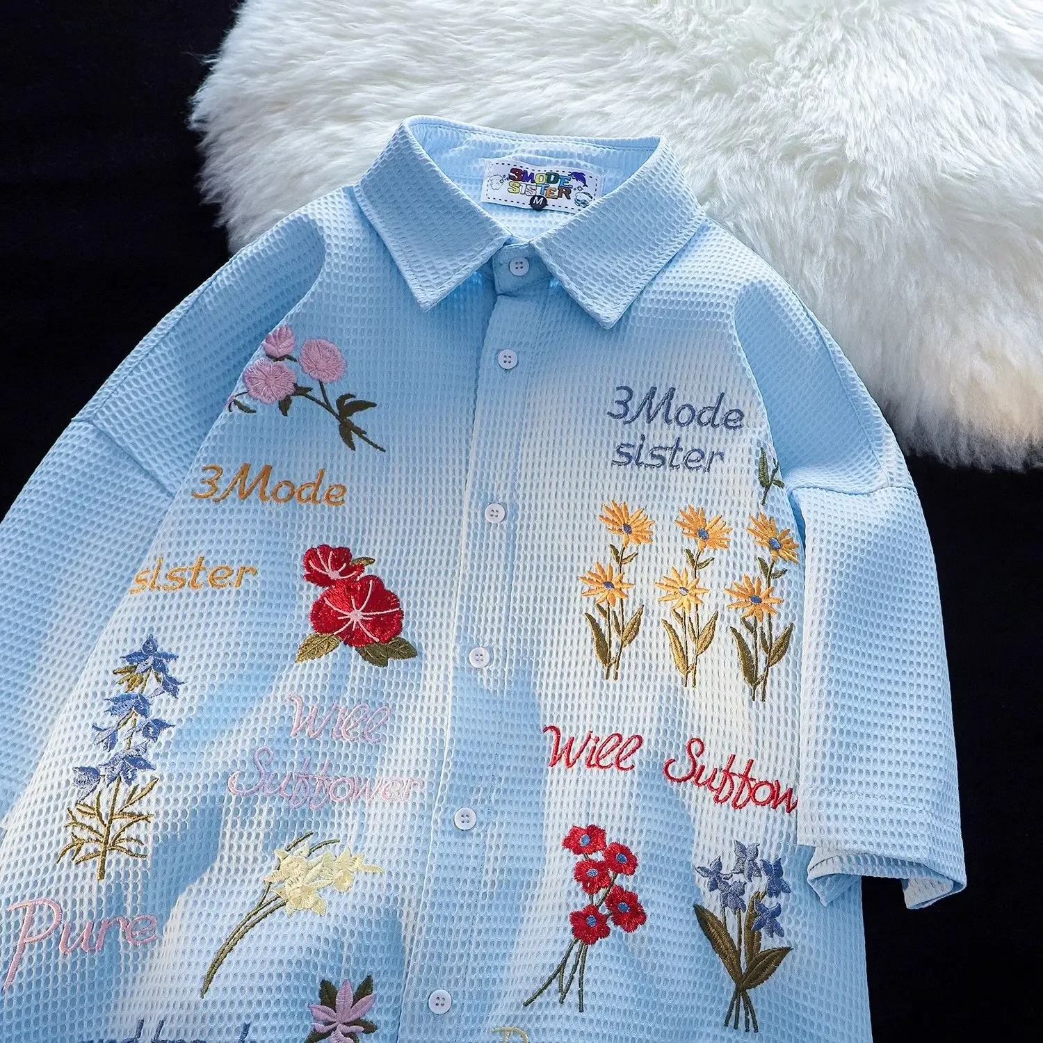 Waffle Floral Embroidery Shirts Women Loose Short Sleeve Unisex Leisure Chic Holiday Couples Clothing American Style Retro 3XL