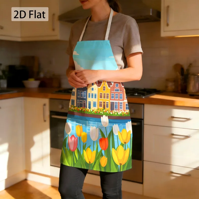 1pc Holland Tulip Apron Linen Kitchen Baking Chef Gift Tulip Print Adjustable Kitchen Apron For Women Men