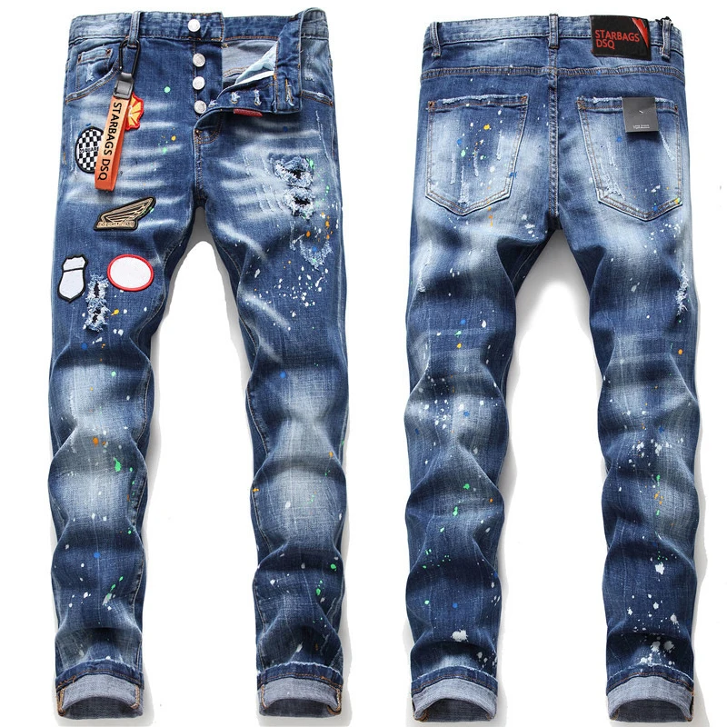 

starbags dsq 1045 Men's small straight leg embroidered jeans Ripped Fabric Stretch Paint Splash badge jeans