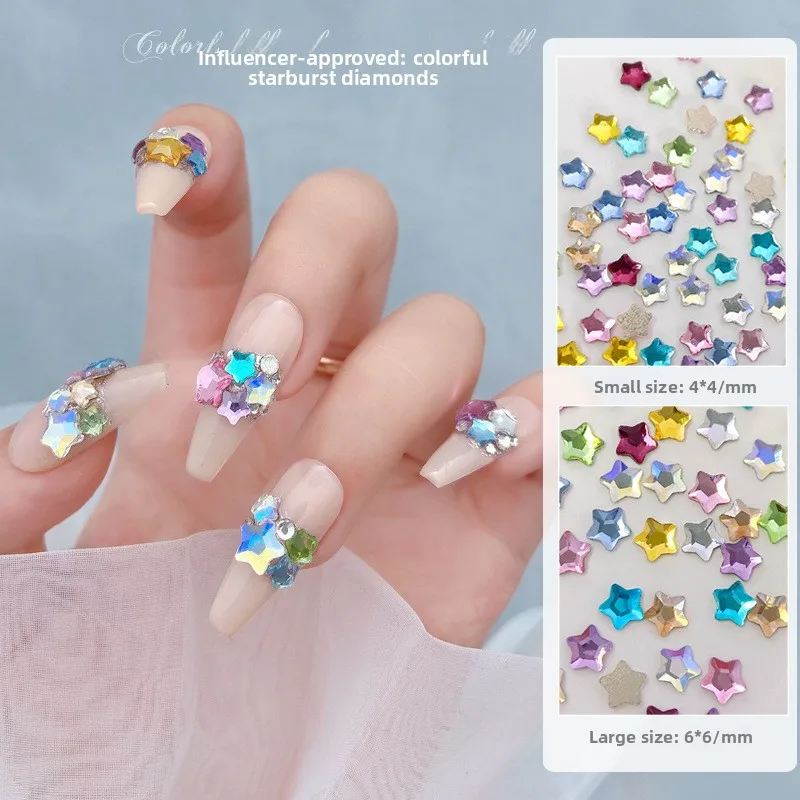 50pcs Small Star Nail Charms Mixed Color Pentagram Flat Back Rhinestones Crystal Nail Art Decor Accessories For DIY Nails