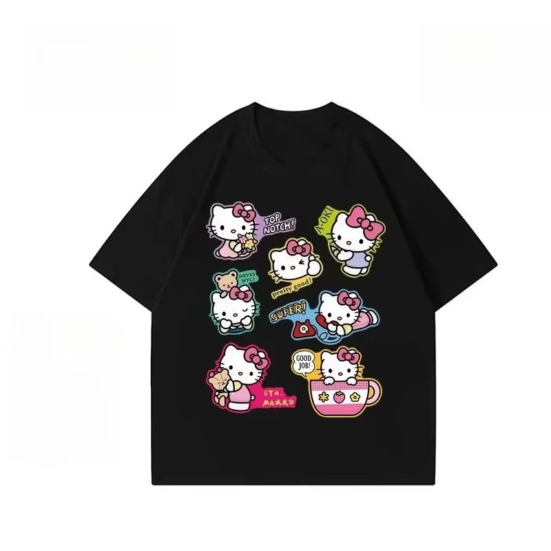 تي شيرت MINISO النسائي HelloKitty Cartoon سميك بأكمام قصيرة، قميص صيفي كاجوال فضفاض برقبة دائرية وأكمام قصيرة