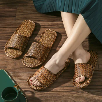 dames en heren Slippers antislip rotan gras binnen paar thuis heren en dames lente en zomer bamboe geweven sandalen