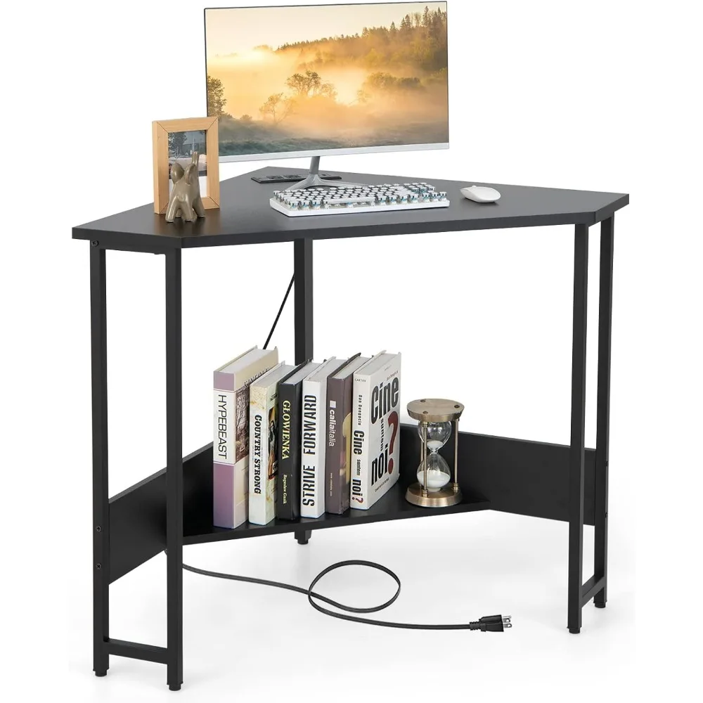 

Угловой стол премиум-класса с розеткой, треугольный компьютерный стол для небольшого пространства, компактный письменный стол с полкой для хранения и