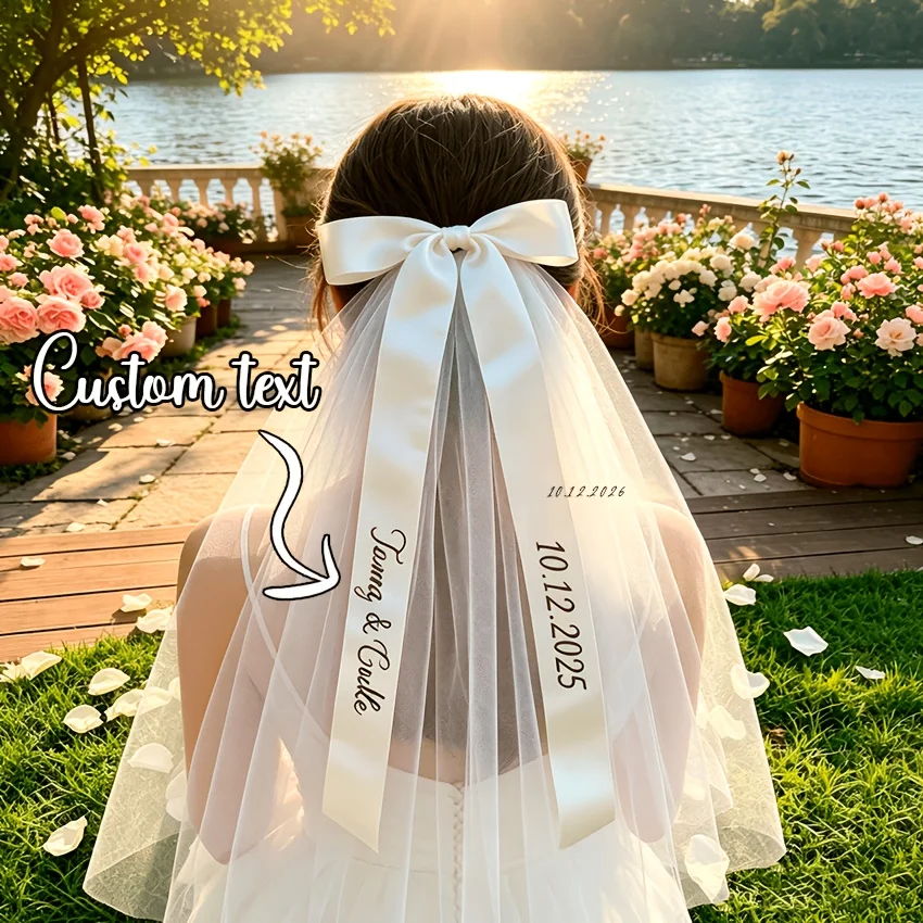 1 Custom Wedding Bow Headpiece, French-Style Wedding Proposal Ceremony, White Small Headpiece for Wedding Banquet, Double-Layered Bow Hairband, Personalized Name and Date, Custom Bridal Veil for Bachelorette Party, Bri
