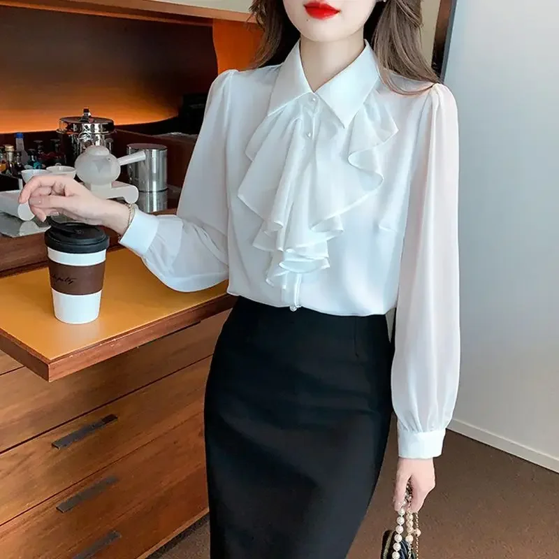 เสื้อเชิ้ตชีฟองคอกลมแฟชั่นสตรี