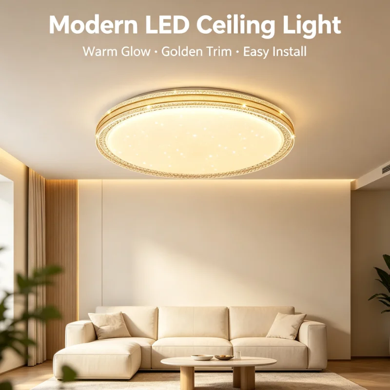 Gold Round Crystal Ceiling Light Starry Sky Effect LED Flush Mount Lamp For Living Room Bedroom