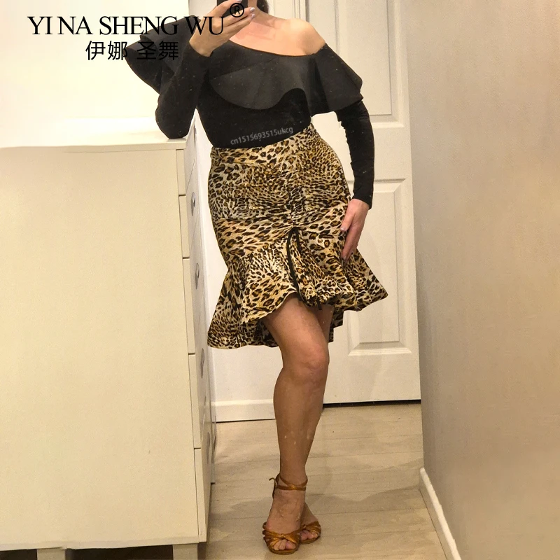Falda de baile latino clásica con estampado de leopardo para mujer, falda asimétrica con volantes, Salsa, Chacha, Tango, Rumba, Samba, ropa puesta en escena