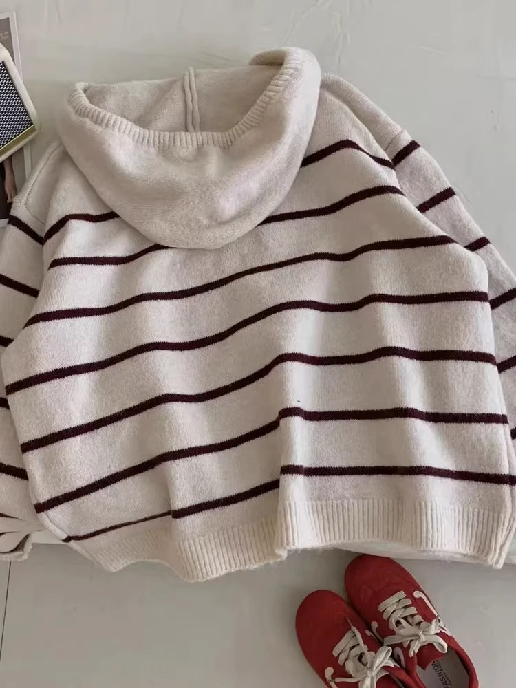 Ladies' Hooded Long Sve Striped Color Blo Knitwear Spring Autumn New Sle Unique Beautiful Top Soft Korean Loose Fit
