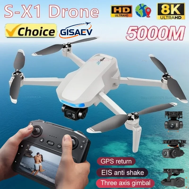 

GISAEV S-X1 Mini Drone with Large Screen 3axis Gimbal Anti-shake Aerial Brushless Drones 5G GPS 8K HD Camera EIS RC Quadcopter