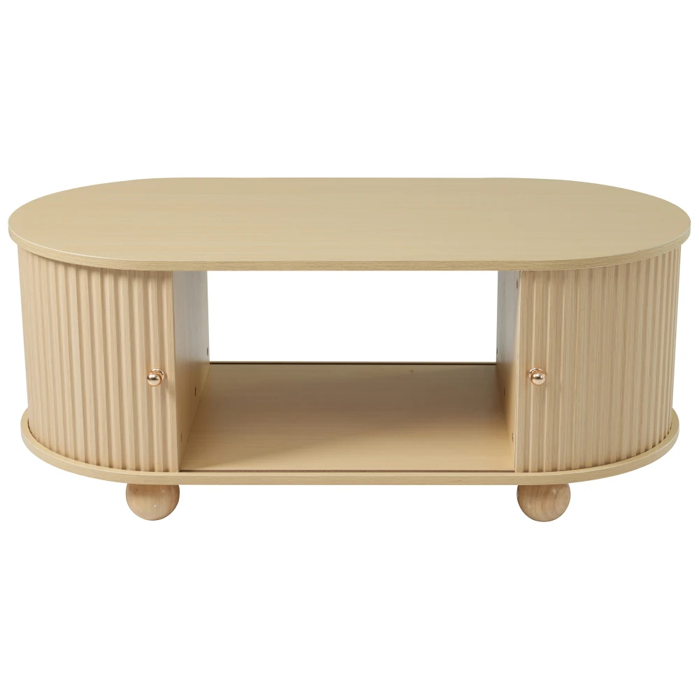Ye Oval Coffee Table with 2 Sliding Doors, Rounded Corners,Hidden Compartment Center Table,100*50*40cm,Wood color,MDF