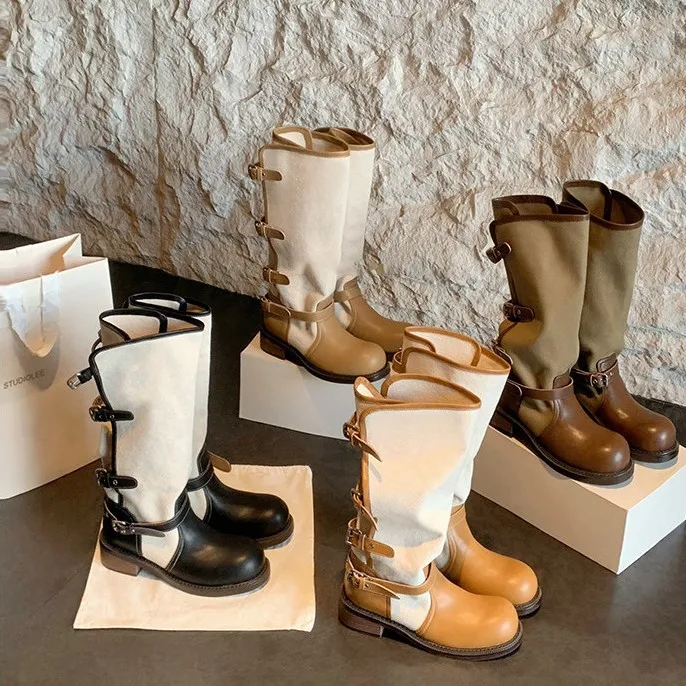 4cm Thick Heel~Fold Over Double Belt Buckle Boots Women 2026 New Color Blocked Round Toe Midsole Knight Boots Women Shoes