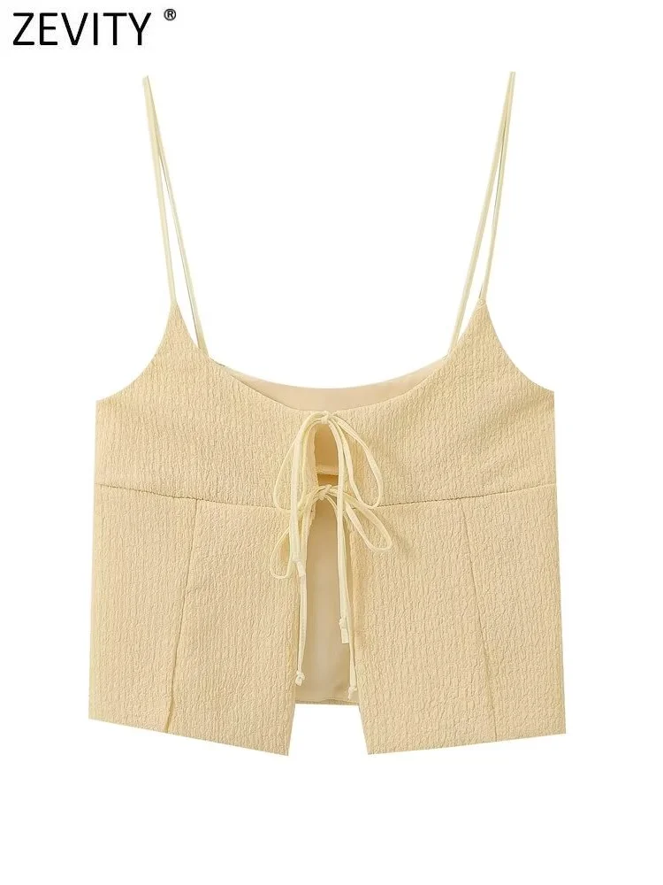Zevity Women Chic O Neck Spaghetti Strap Open Stitching Lace Up Smock Blouse Female Pleats Sling Shirt Blusas Crop Tops LS6254