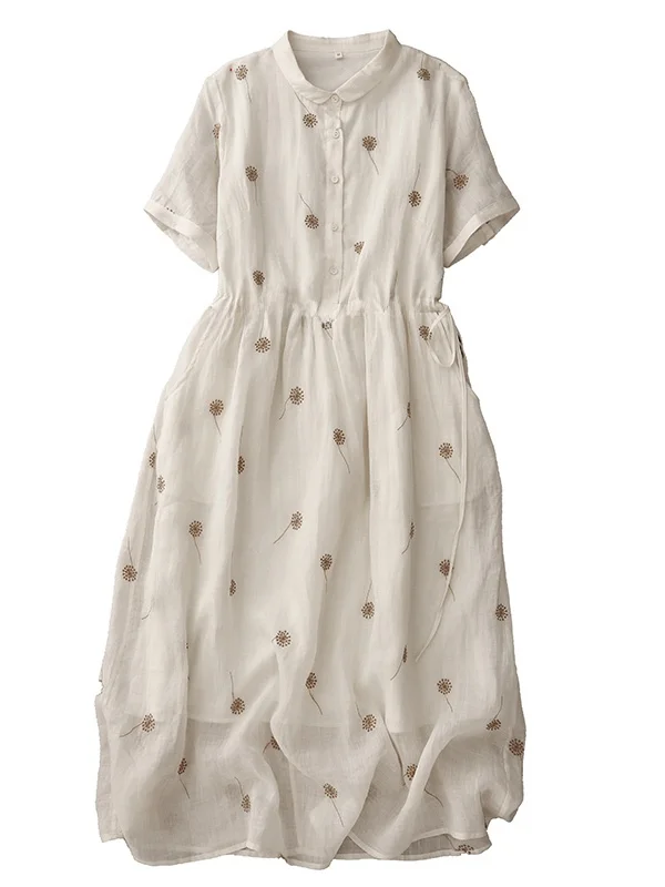 꽃무늬 자수 리넨 드레스 여성 여름 슬림핏 원피스 A라인 칼라 얇은 소재