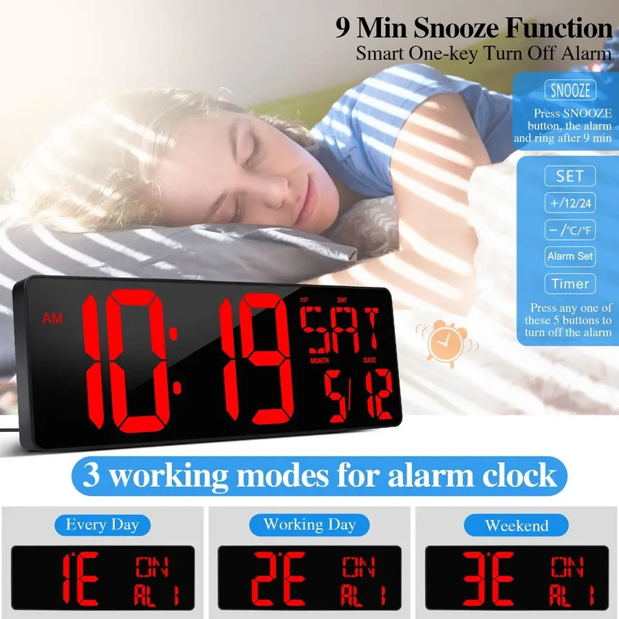 Digital Wall Clock with Remote Control 17.2 LED Large Display Timer with Temperature Date Week Auto DST Adjustable Brightness, B