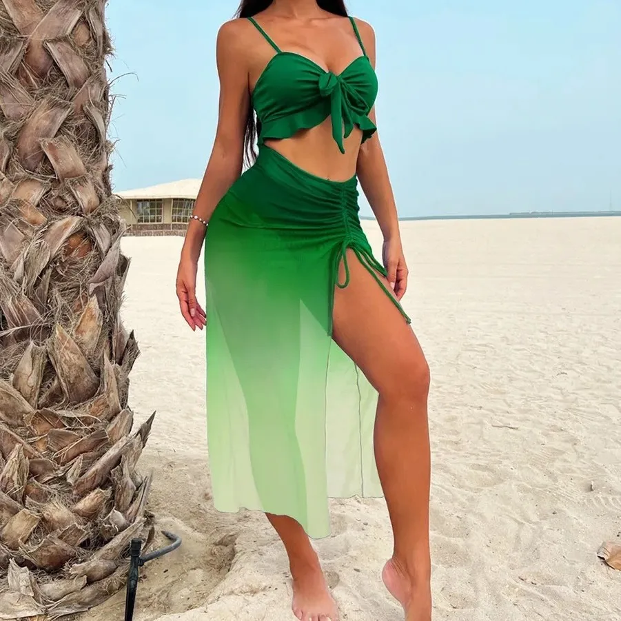 メッシュスカート付き3ピースビキニセット、セクシーなカバーアップ水着、女性用ビーチセット、サマースカート、ホリデースリングパンティースーツ、ビーチウェア