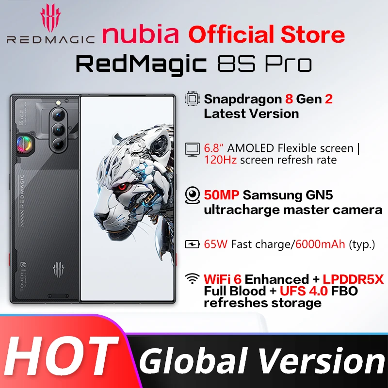 Versión Global Redmagic 8s Pro 5G 6,8 ''120Hz AMOLED última versión Snapdragon 8 Gen 2 Octa Core 65W carga rápida 6000mAh NFC