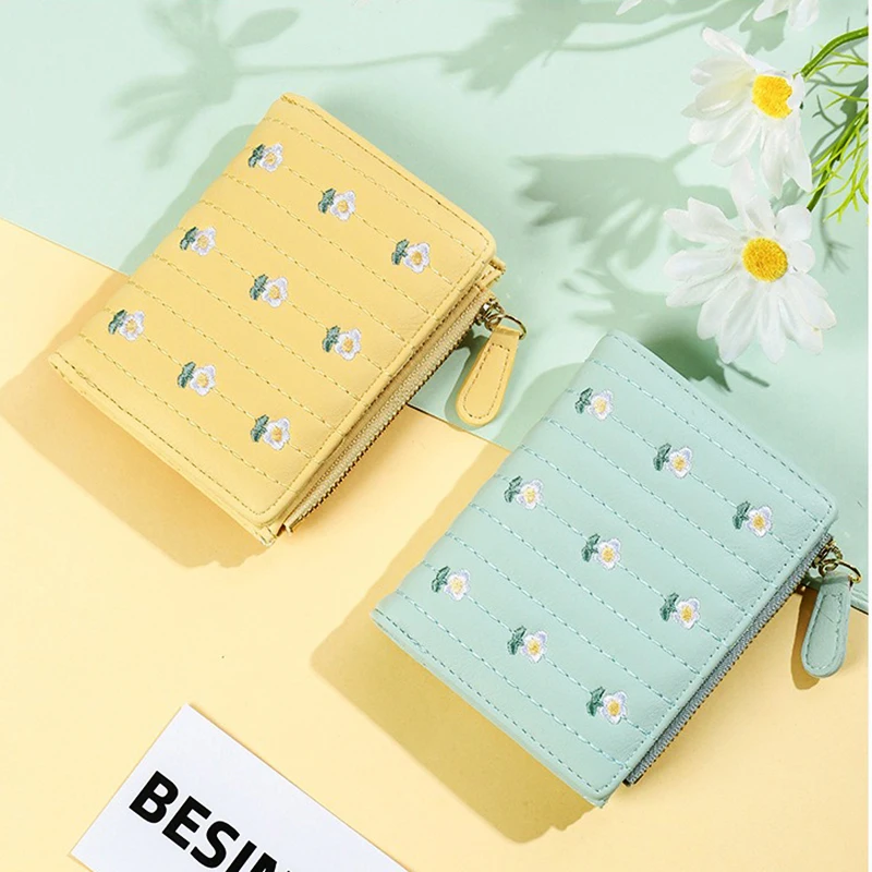 PU Leather Short Wallet For Women New Mini Zipper Coin Purse Solid Color Flower Embroidered Card Holders Girl Simple Money Bag