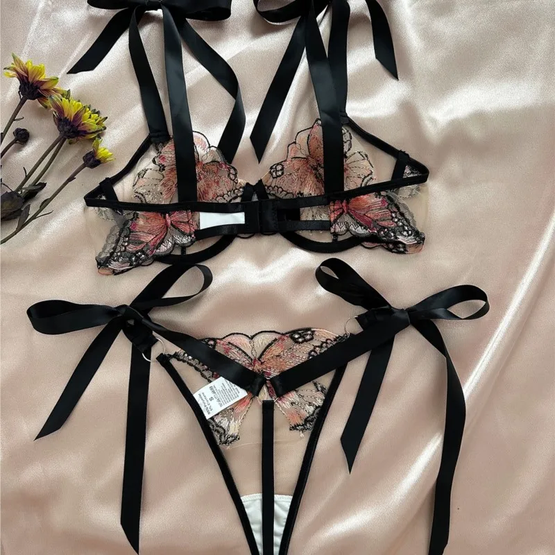 Butterfly Fantasy Lingerie Sheer Mesh Bra Panty with Bowknot Straps Exotic Lavender Underwear for Role Play Sexy Hot