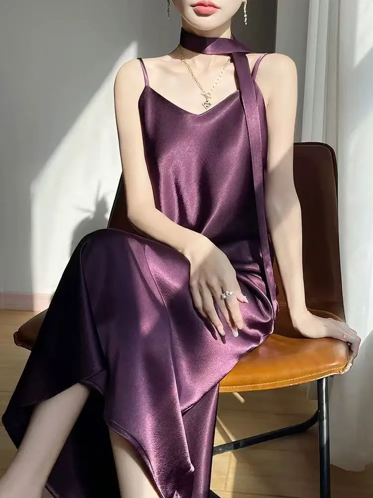 Robe française élégante en Satin pour femmes, ample, avec ruban, mi-longue, mode féminine, esthétique, robe de soirée, été