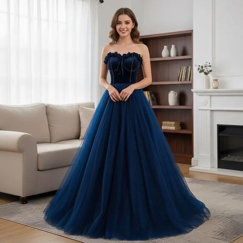 

High Quality Blue Tube A-Line Prom Dress,Cocktail Dress,Christmas Evening Birthday Graduation Party Gowns,Fantasy Ball Gowns
