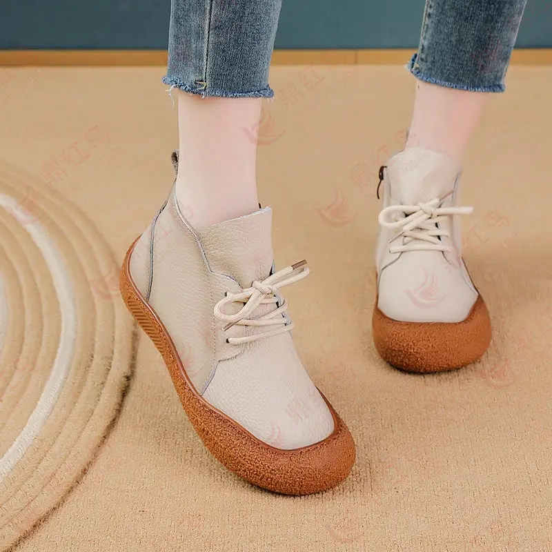 New genuine leather boots woman tied up flats orthopedic shoes women\'s waterproof booties ladies soft spring chelsea ankle boot