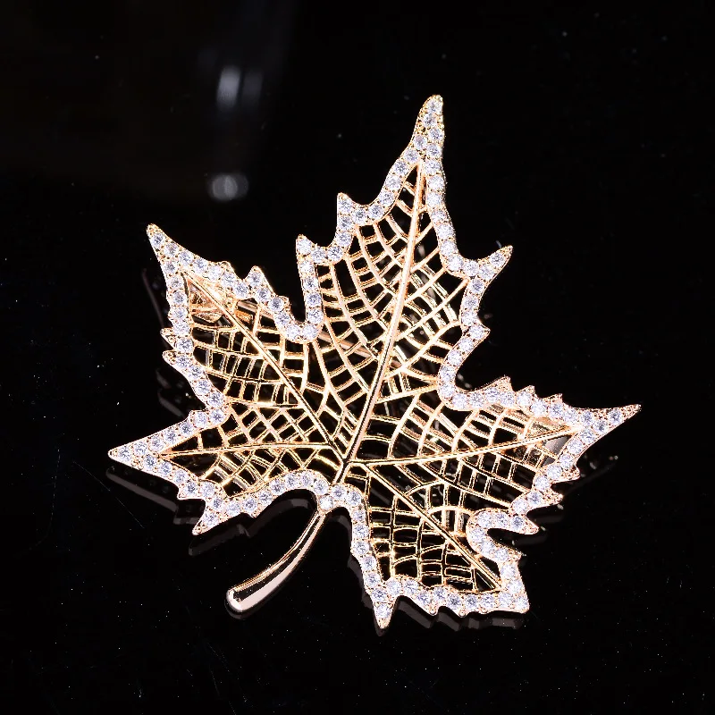 Chinese Style Good Fortune Lucky Hollow Maple Leaf Brooch Sparkling Zircon Elegant Lapel Pin For Women Suit Coat Daily Wear Gift