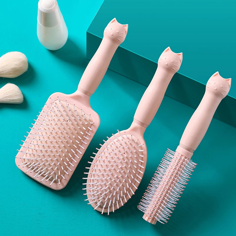 4PC Pink Cat Air Cushion Comb Women Scalp Massage Combs Girls Anti-Static Wet Curly Detangle Hair Brush Home Salon Styling Tools