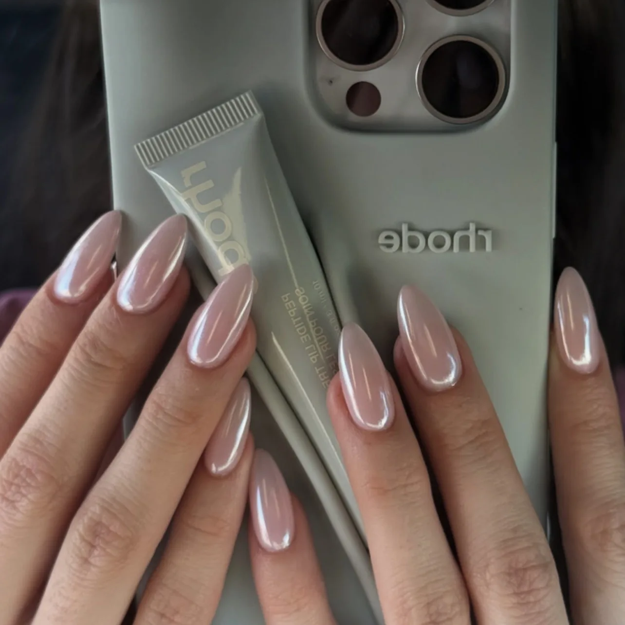 

Nude Pink Chrome Press On Nails, Medium Almond False Nail Tips