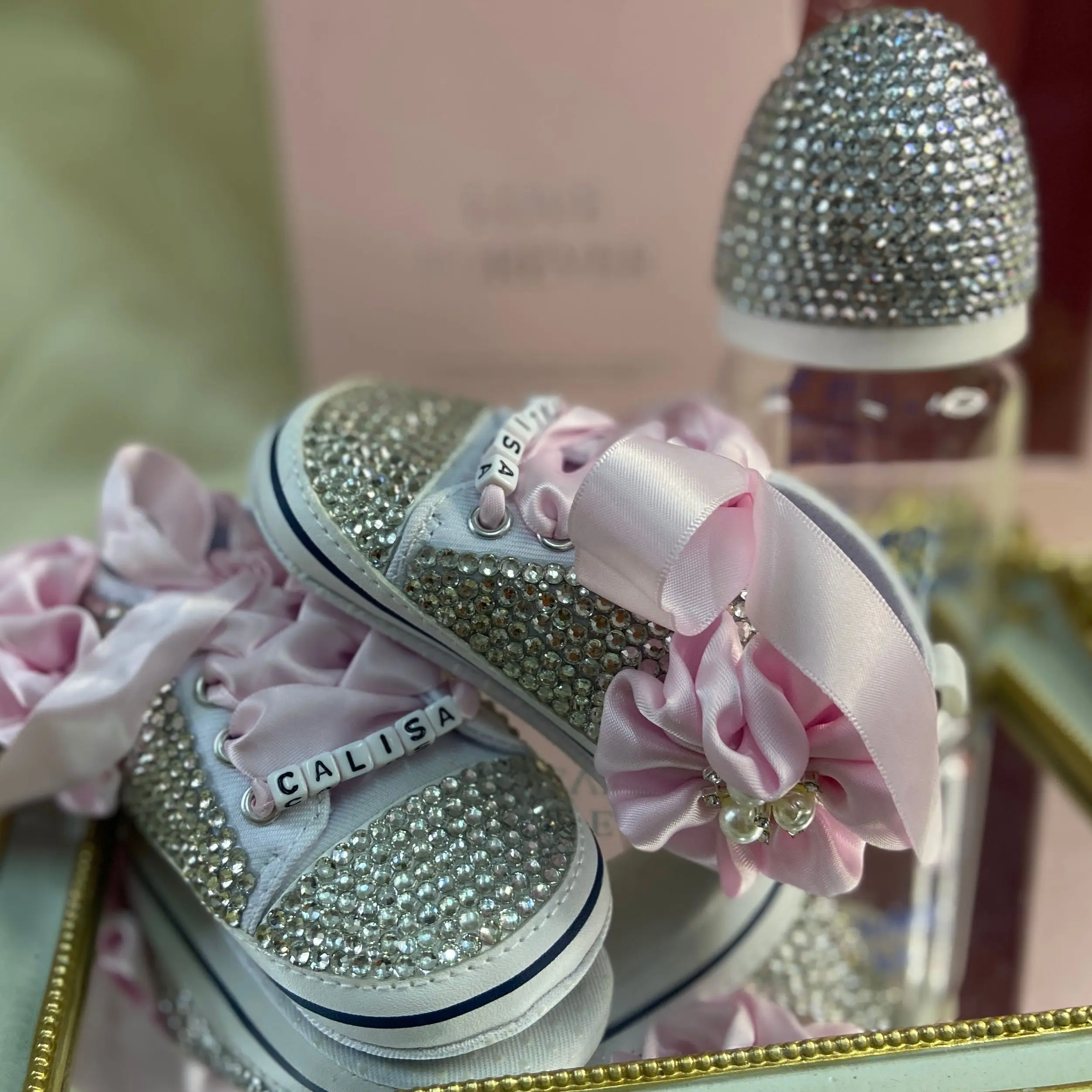 

Dollbling Luxury Baby Bottles and Shoes Headband Set Keepsake Diamond Tutu Outfit Red Bottom Little Girl Baptism Shoes