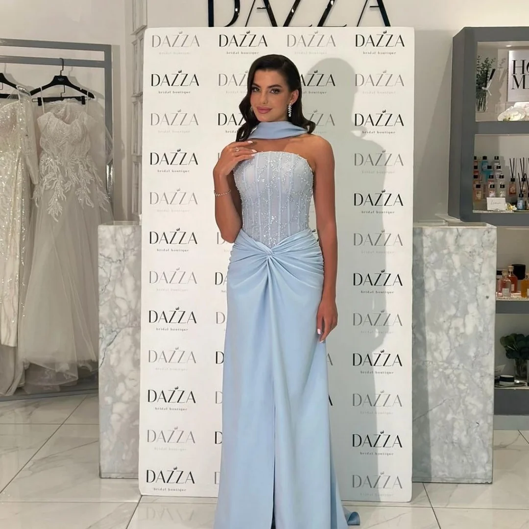 بيلا مخصص الأزرق الديكور الأوشحة الحريرية الطويلة الجلباب دي سهرة حورية البحر عارية الذراعين فساتين الحفلات الطابق طول ألف خط فستان الحفلة الراقصة