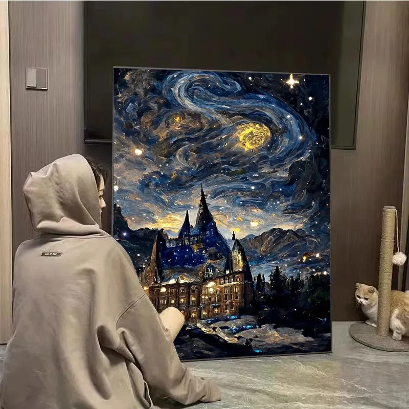 

DIY 5D Starry Sky Diamond Art Painting Kit, Moonlit Night Full Round Drill Sparkling Diamond Painting Picture, Diamond Painting