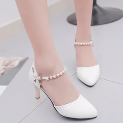 Zapatos De Mujer Women Cute Pointed Toe Pink Crystal Buckle Strap High Heel Shoes Lady Office Black Pump Sapatos Femininas B9545