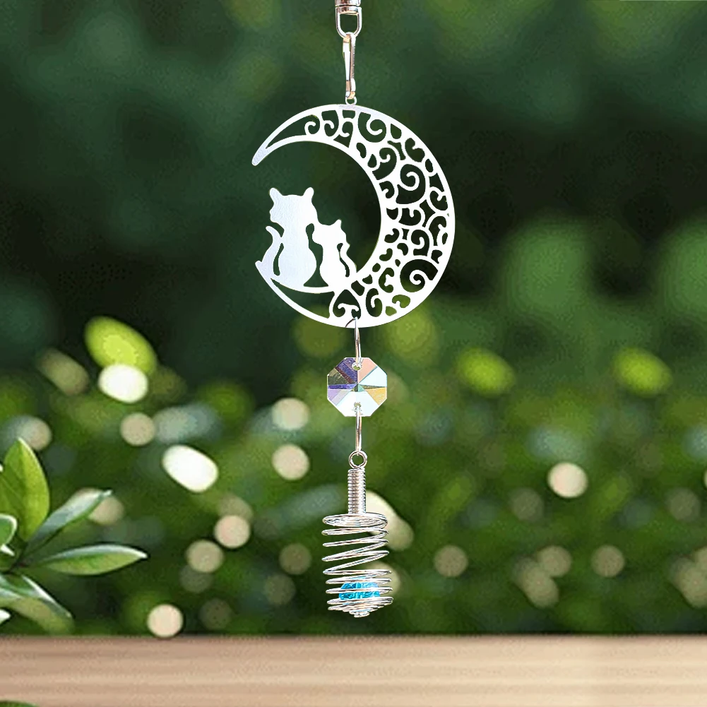 Stainless Steel Metal Wind Chime Hanging Suncatcher Cat Moon Crystal Beads Prism Faceted Pearl Cage Pendant Home Garden Decor