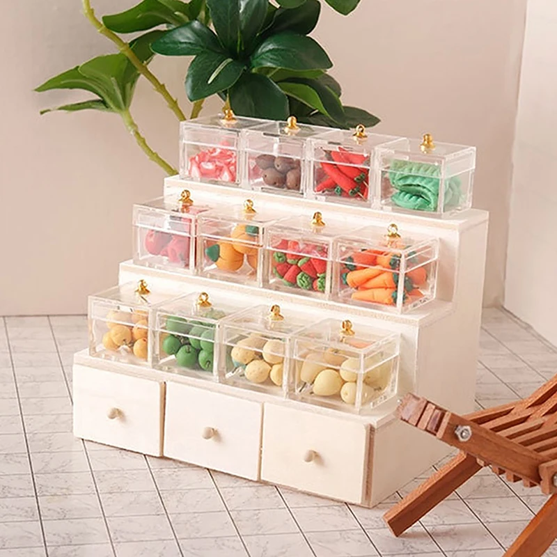Doll House Accessories 1:12 Dollhouse Miniature Display Rack Candy Box Drawer Cabinet W/Clear Box Furniture Model Decor Toy