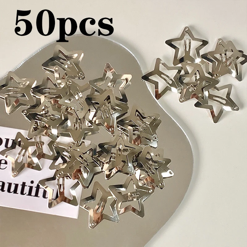 50Pcs Y2K Silver Star Hair Clips for Girls Filigree Star Metal Snap Clip Hairpins Barrettes Hair Jewelry Nickle Free Bobby Pin