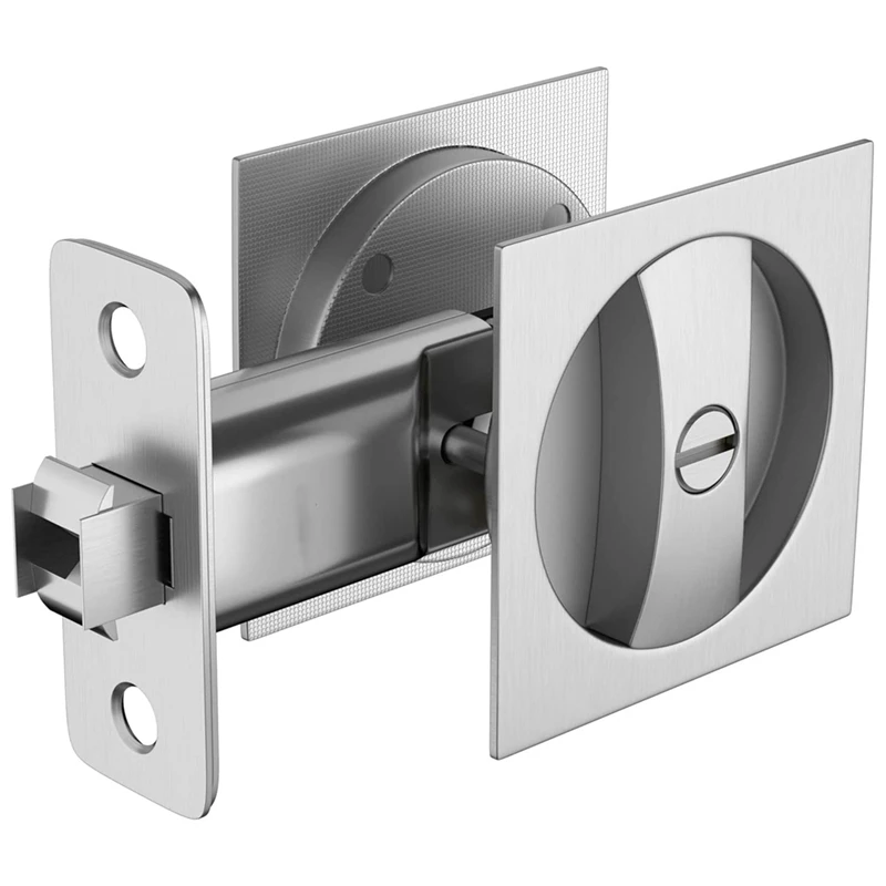 Bed/Bath Pocket Door Lock, Satin Nickel Contemporary Privacy Square Pocket Door Hardware, Sliding Pocket Door Latch-AB09