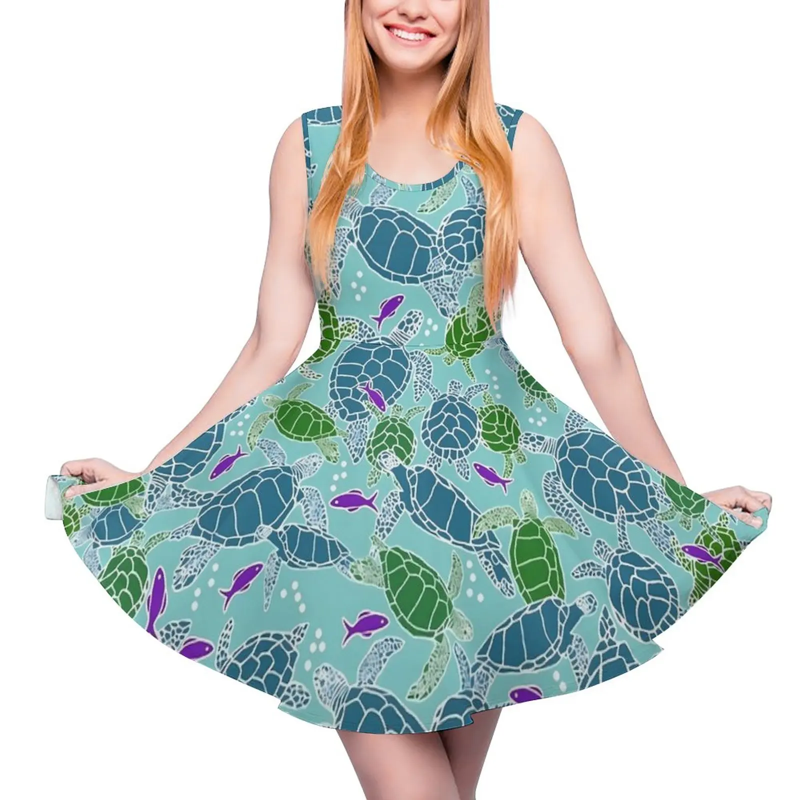 Green Sea Turtles Dress Purple Fish Pretty Dresses High Waist Casual Skate Dress Female Custom Clothes Birthday Present