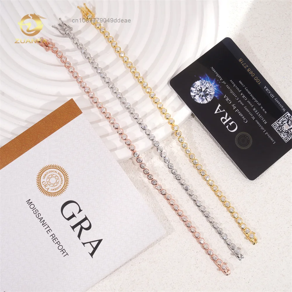 S925 necklace Moissanite Wholesale Price Pass Diamond test 3mm 4mm Bezel Moissanite Tennis Bracelet Hip Hop 925 Moissanite Te