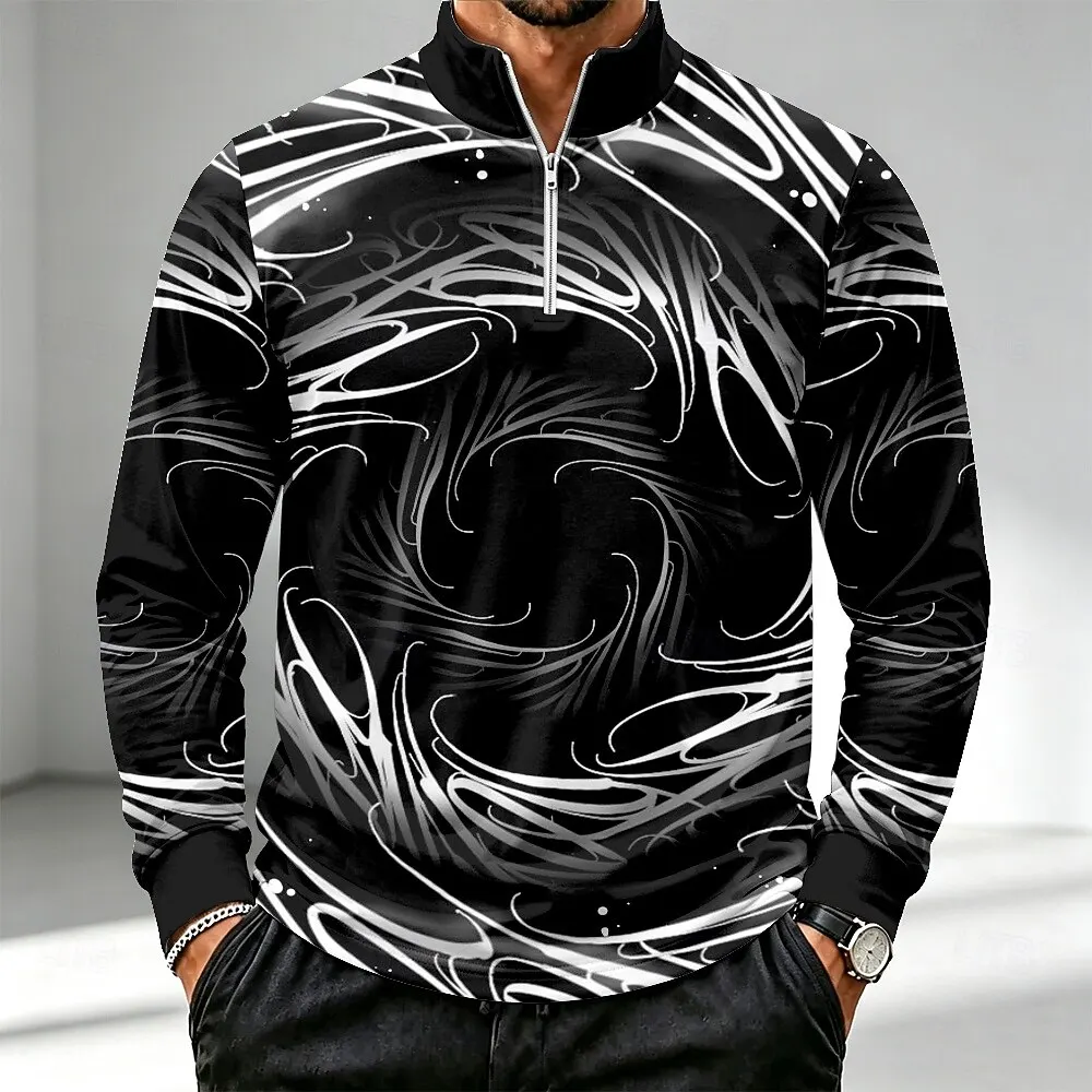Men 1/4 Zip Sweatshirt Swirl Abstract Line Print Long Sleeve Sports Pullover Tops